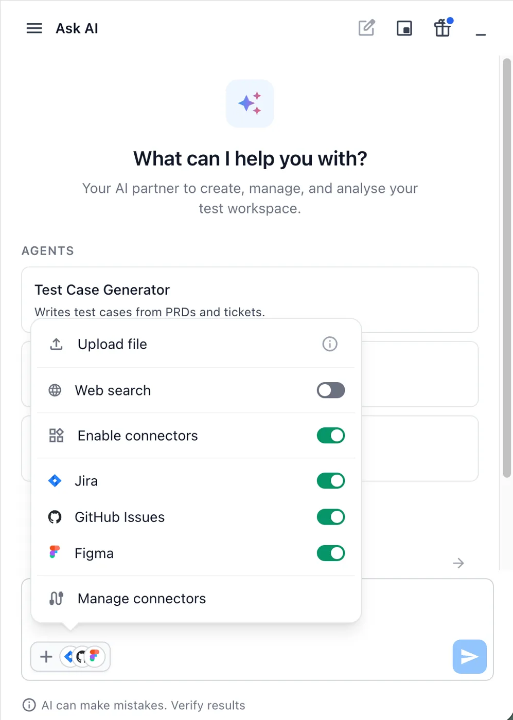 Ask AI attachment menu with Upload file, Web search, Enable connectors, and connector options