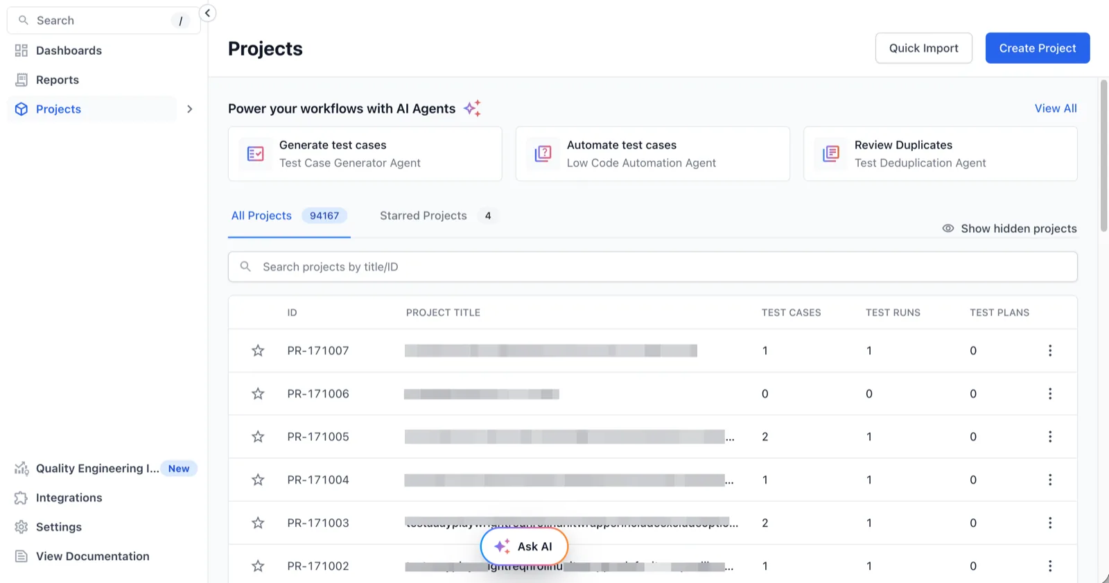 Projects page in Test Management with the floating Ask AI button at the bottom