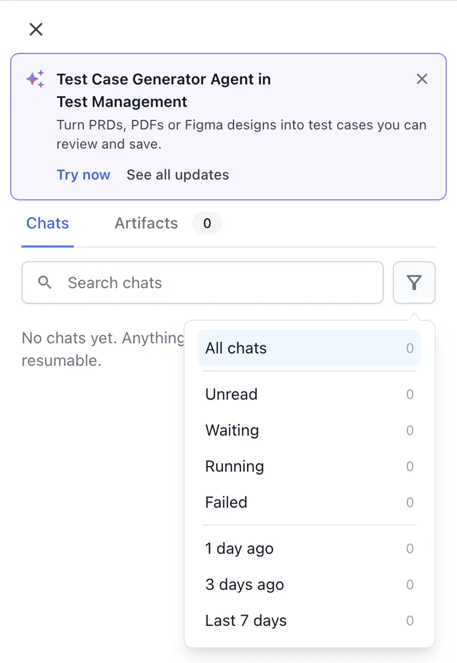 Chats list in Ask AI with the filter menu open, showing Unread, Waiting, Running, Failed, and age filters