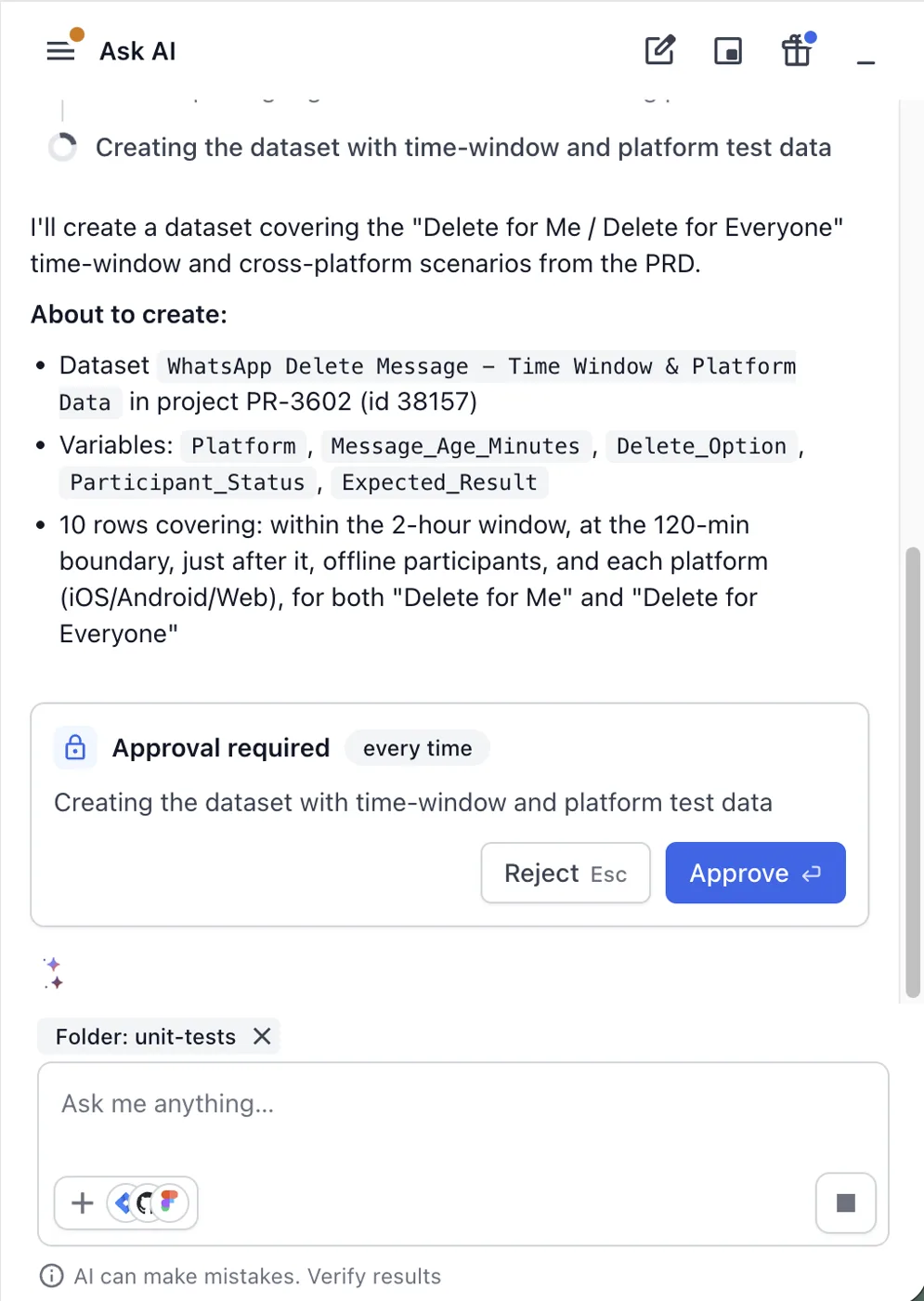 Ask AI reply with the About to create plan for a dataset and the Approval required card with Reject and Approve