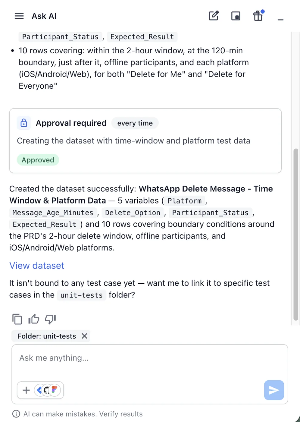 Ask AI reply confirming the created dataset, with the View dataset link and the offer to link it to test cases