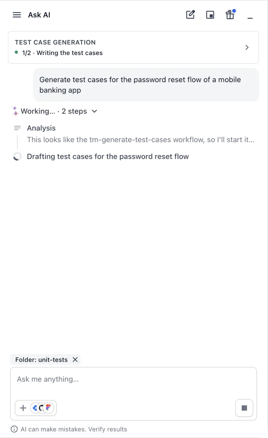 Ask AI panel during a run, with the TEST CASE GENERATION progress card and the Working list of steps