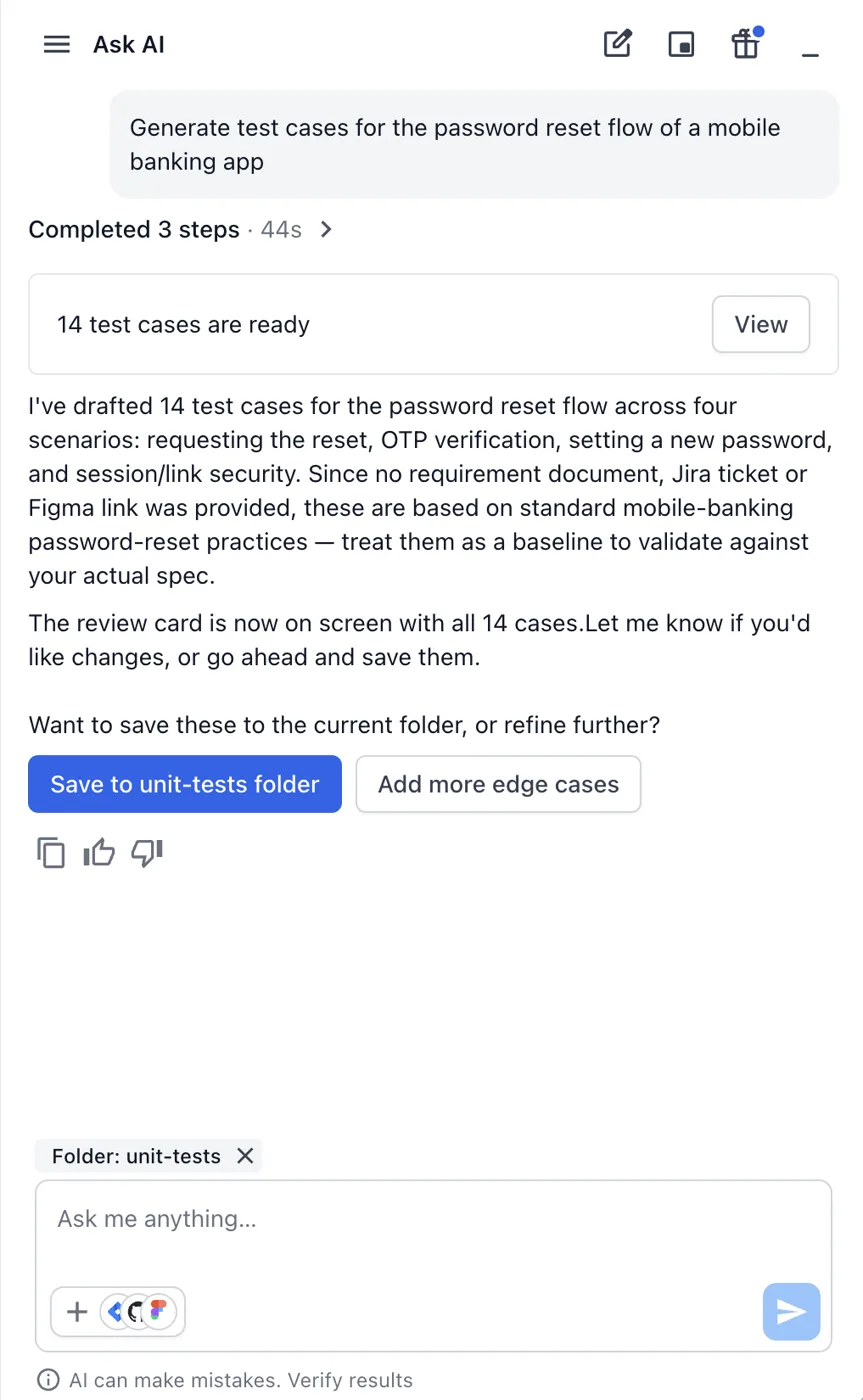 Ask AI reply with the result card 14 test cases are ready and the Save to unit-tests folder button