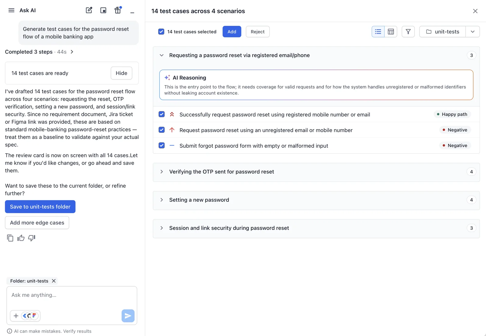 Review panel listing 14 generated test cases in 4 scenarios with Add and Reject buttons