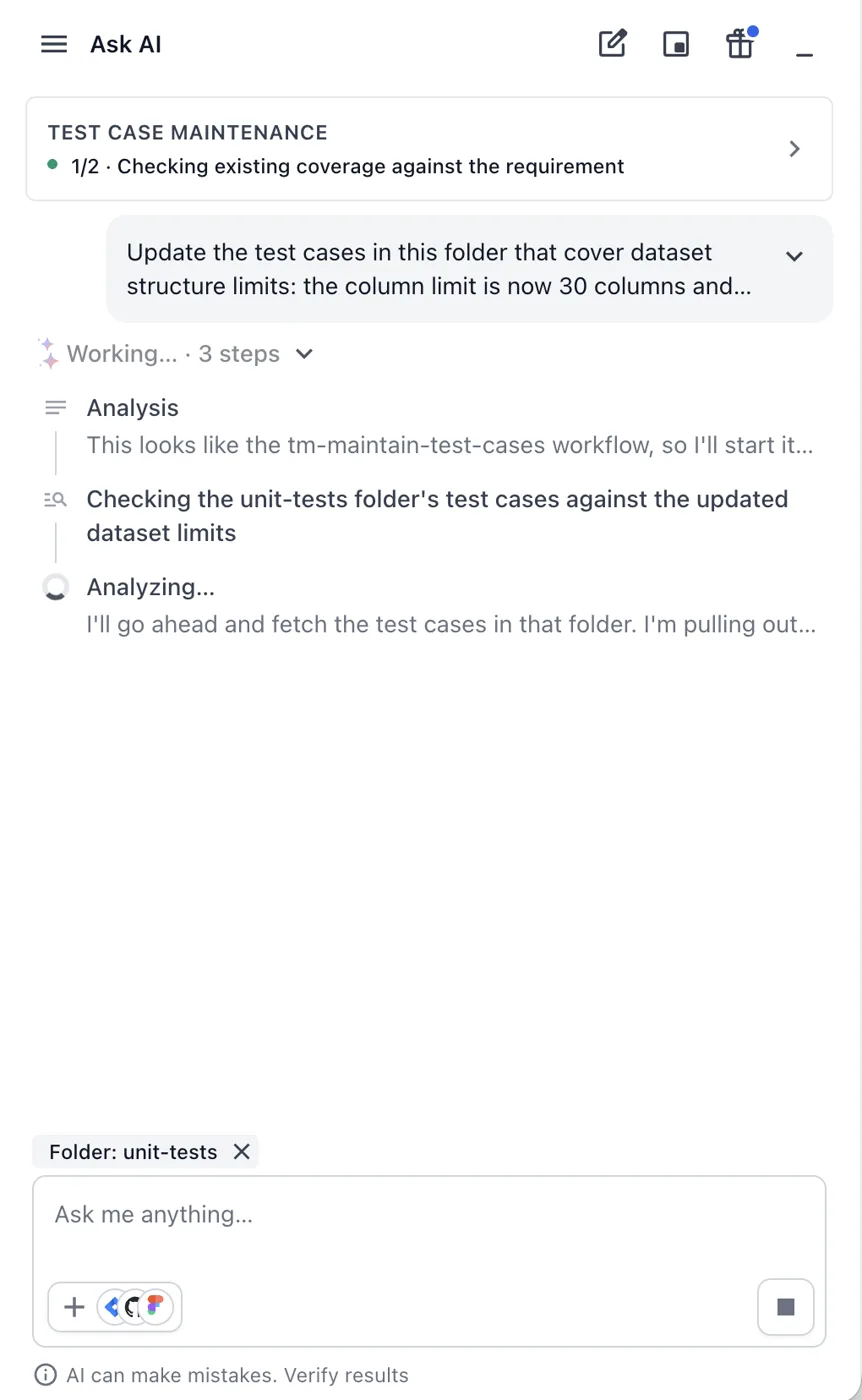 Ask AI panel during a maintenance run, with the TEST CASE MAINTENANCE progress card and the Working list of steps