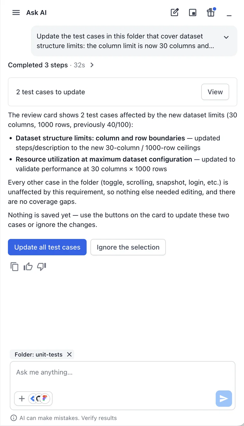 Ask AI reply with the result card 2 test cases to update and the Update all test cases button