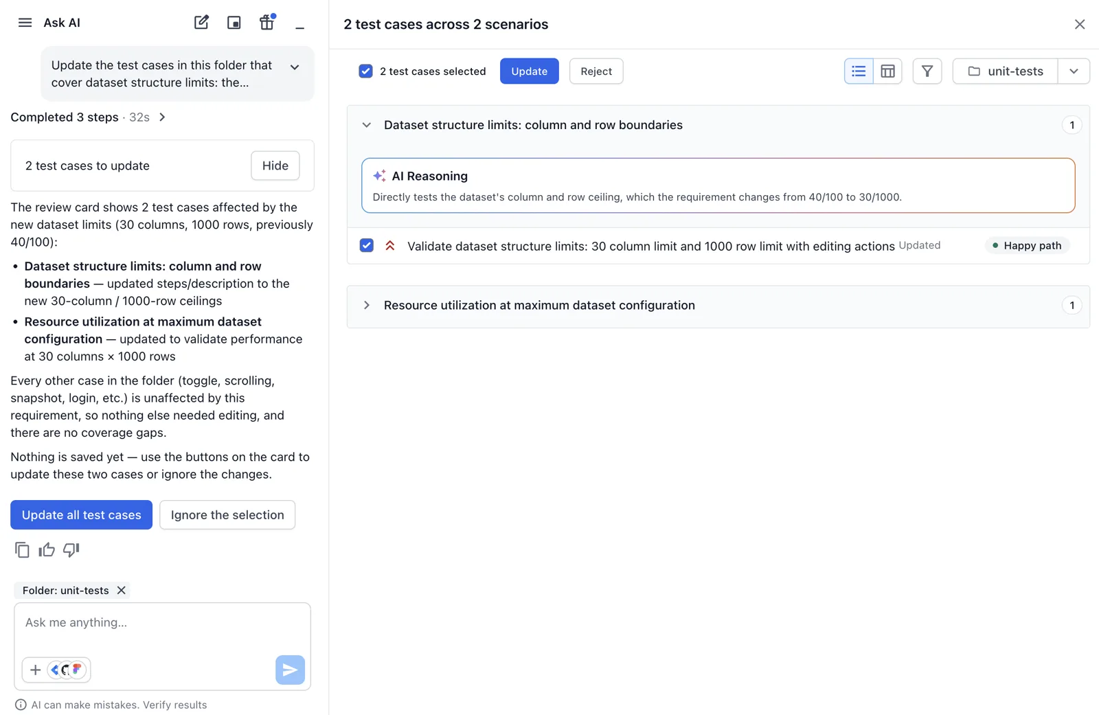 Review panel with 2 updated test cases, the Update and Reject buttons, and an AI Reasoning card