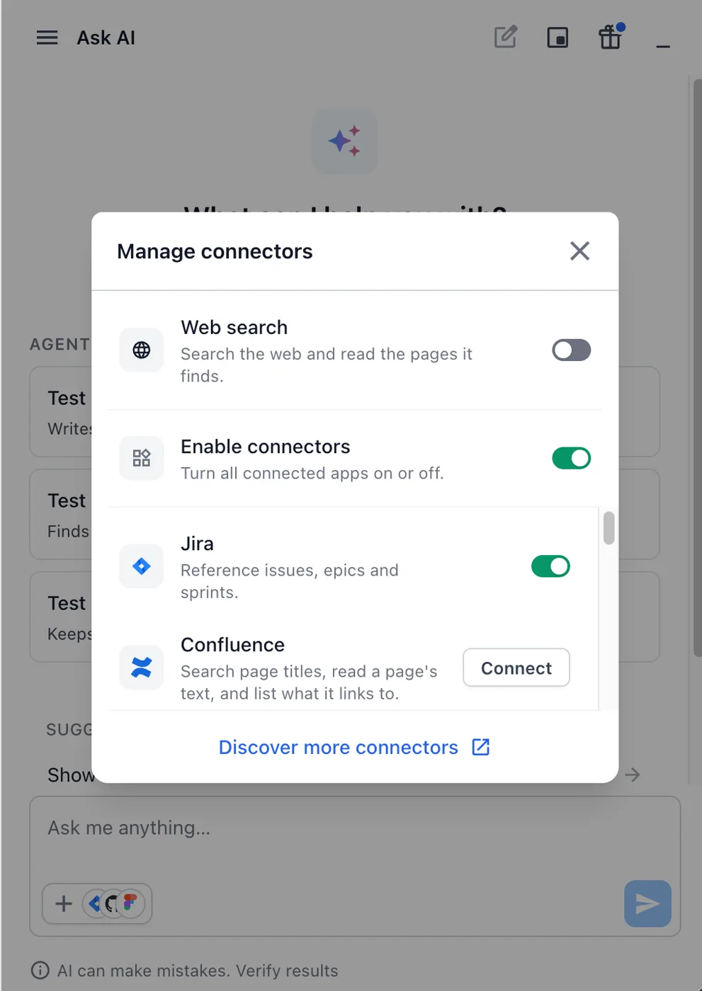 Manage connectors dialog with Web search, Enable connectors, Jira, Confluence with a Connect button, and the Discover more connectors link