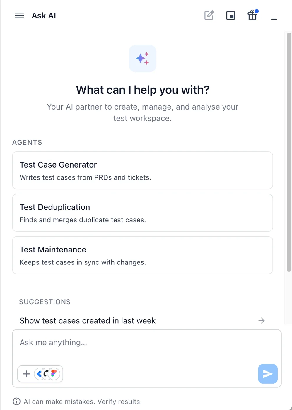 Ask AI panel in its empty state with the Agents list, a suggestion, and the prompt box