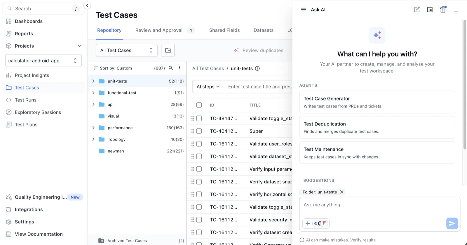 Test Cases page with the unit-tests folder open and the Ask AI panel showing the Folder: unit-tests context chip
