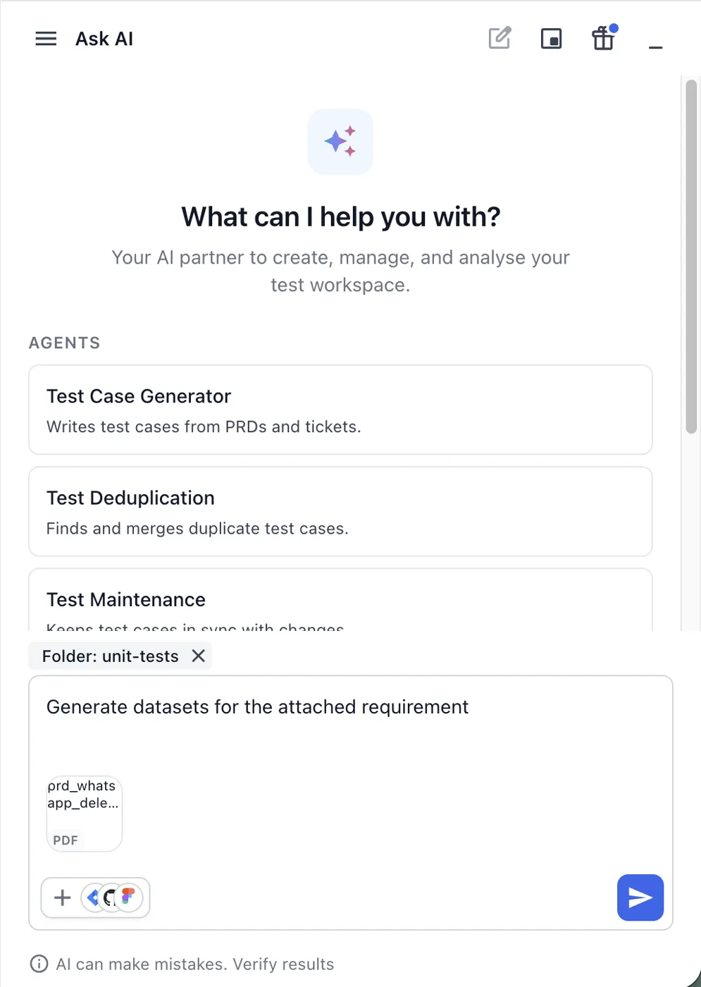 Ask AI prompt box with a PDF attached as a chip and the prompt Generate datasets for the attached requirement