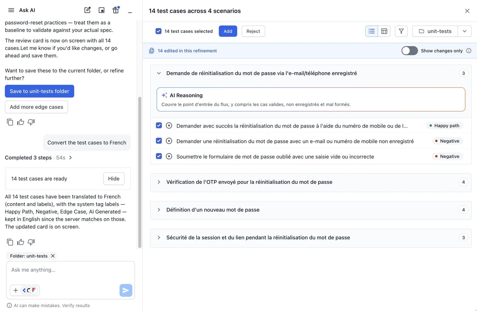 Review panel after a French follow-up with the banner 14 edited in this refinement