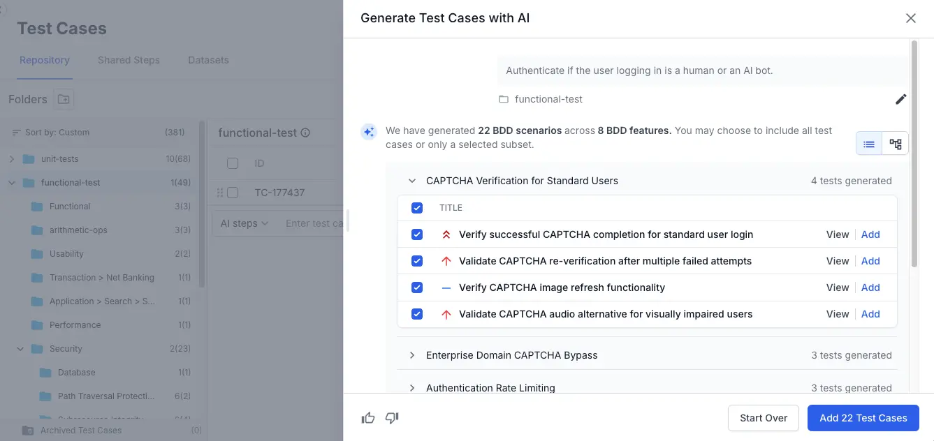 View generated test cases and make inline edits