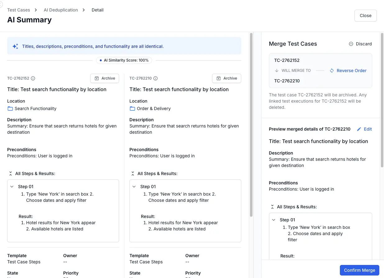AI Summary page showing side-by-side comparison with all fields