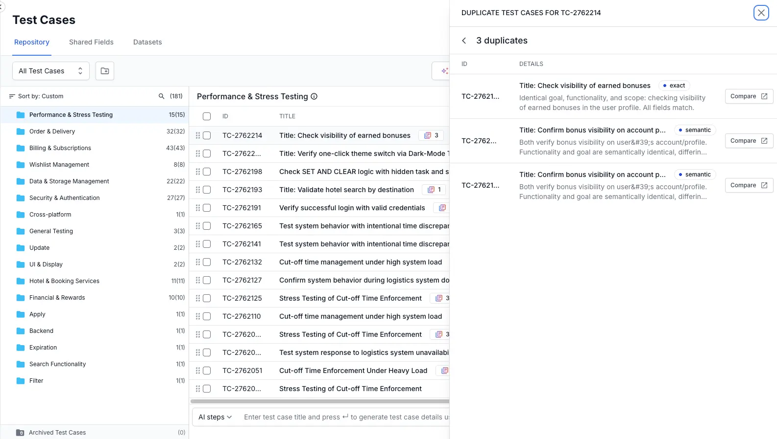 Side panel showing duplicate matches for a specific test case