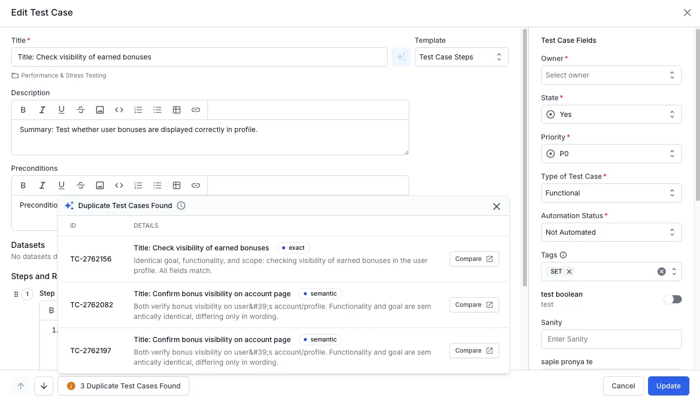Test Cases page showing the Review Duplicates button in the toolbar