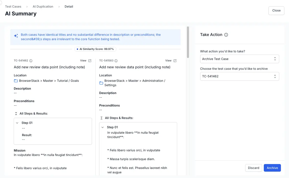 Select test case to archive or discard