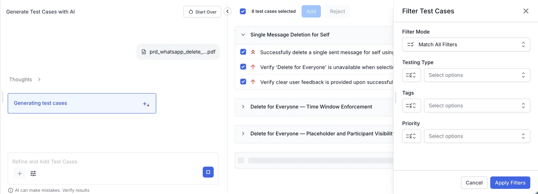 The Filter Test Cases panel with Filter Mode, Testing Type, Tags, and Priority controls