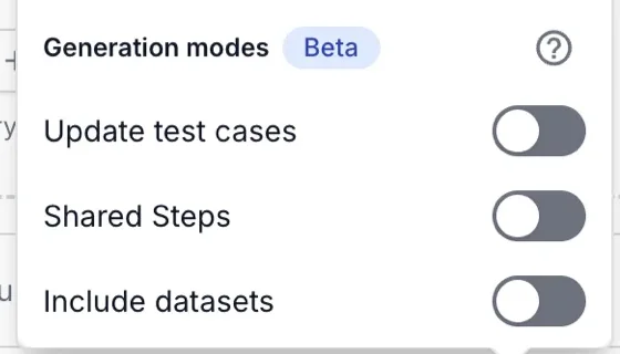 The Generation modes toggles for Update test cases, Shared Steps, and Include datasets in the Settings menu