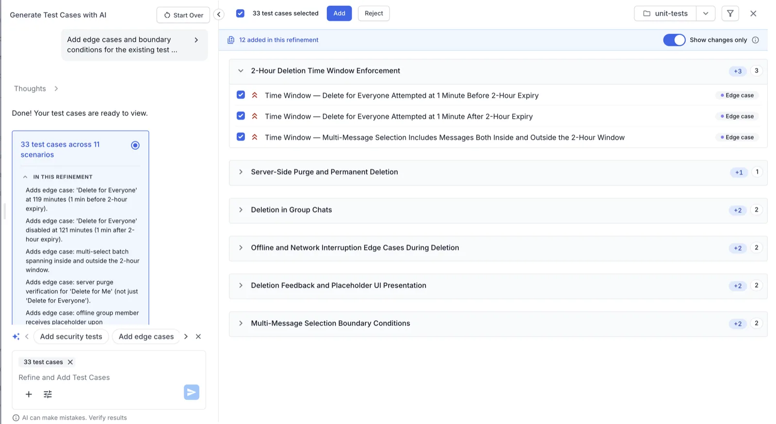 The review screen after an iteration with the refinement summary, the added count banner, the Show changes only toggle on, and per-scenario change counts