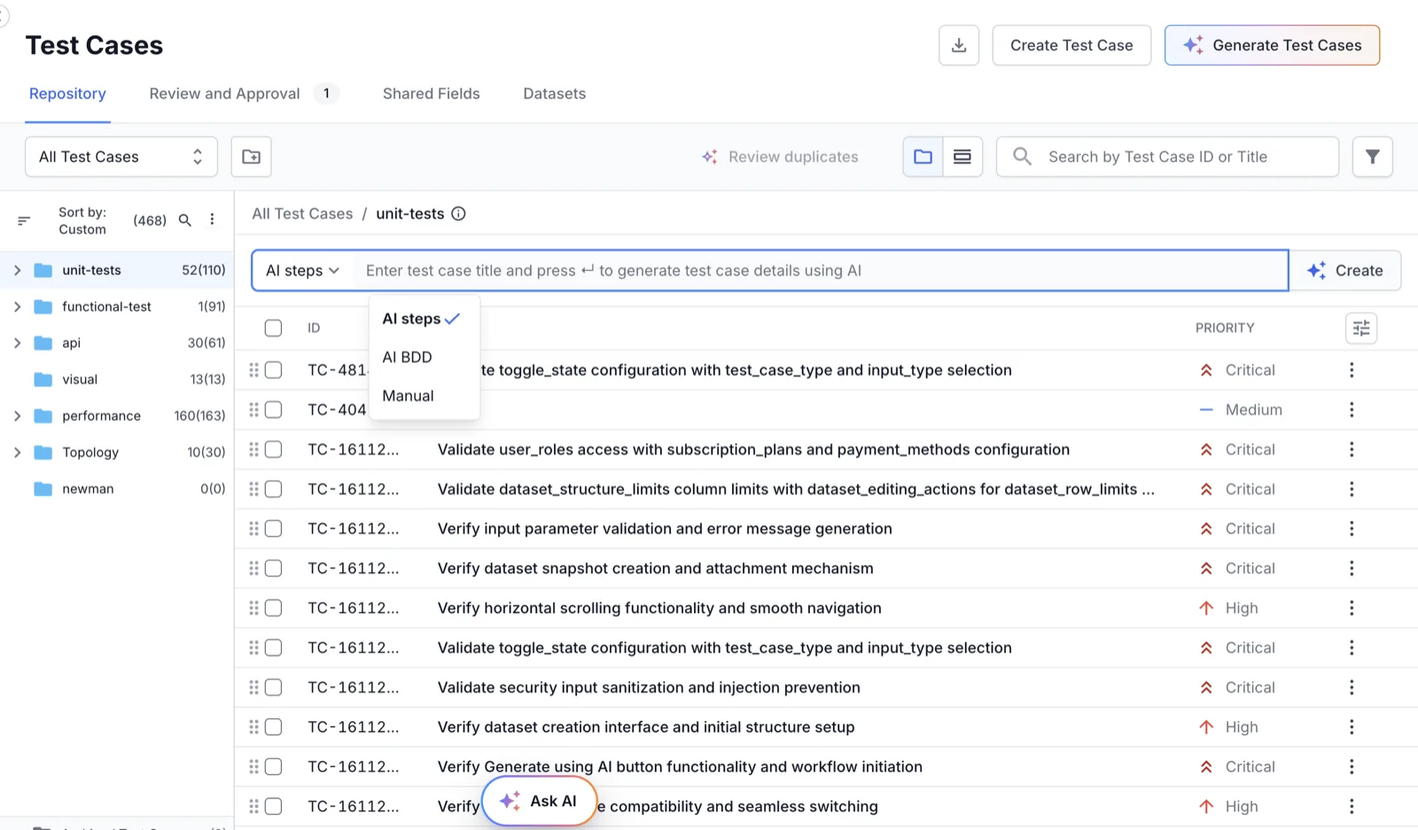 The AI prompt field in the test case list view with the AI steps, AI BDD, and Manual options