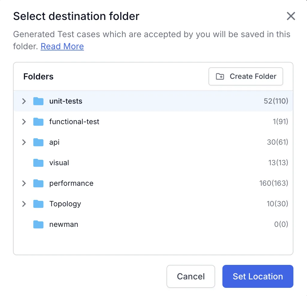 The Select destination folder dialog with the folder list and the Create Folder button
