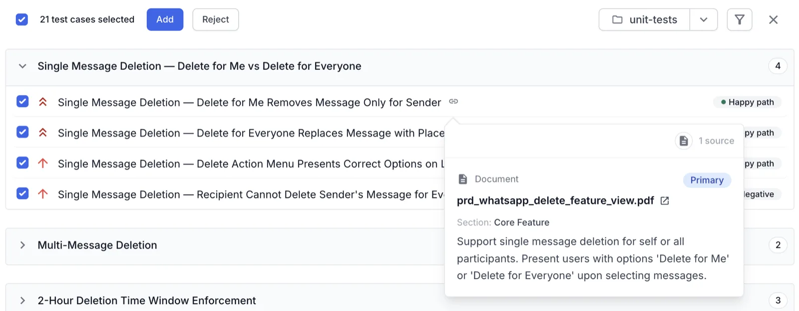 The source references popover for a generated test case showing the primary document, its section, and the excerpt used