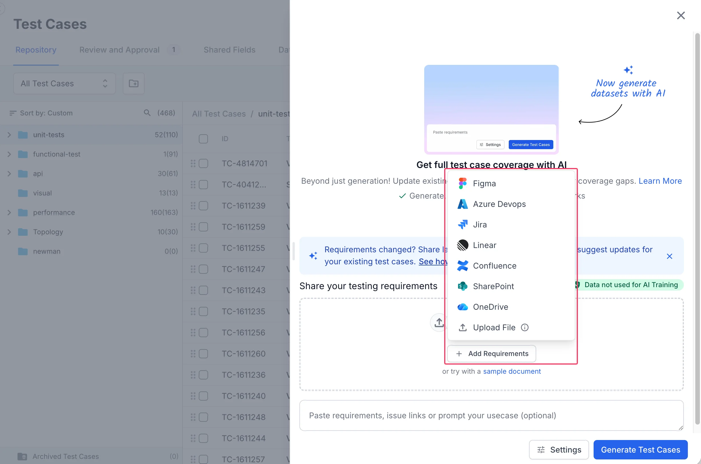 Add Requirements menu listing Figma, Azure DevOps, Jira, Linear, Confluence, SharePoint, OneDrive, and Upload File
