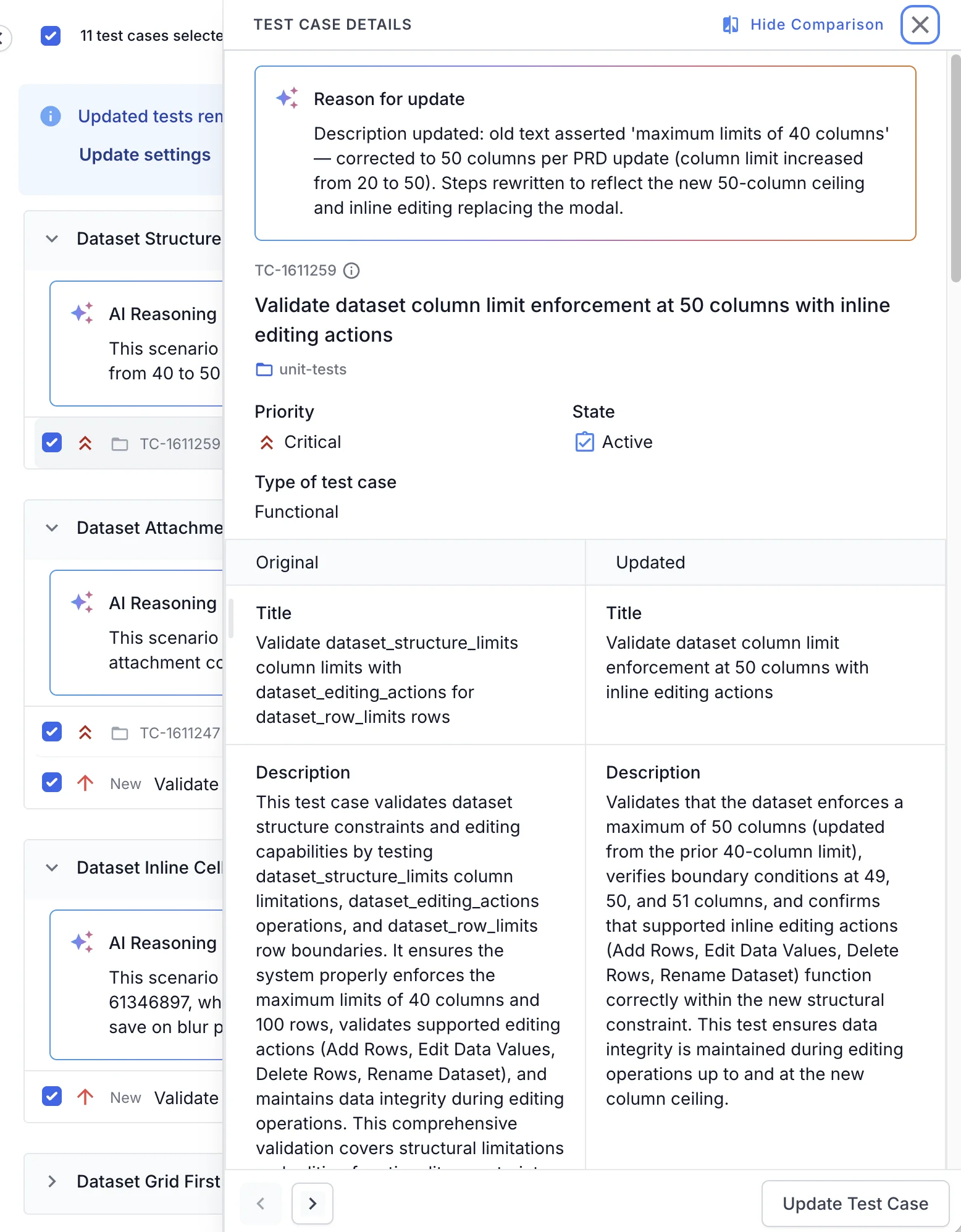 Comparison view pairing the Original and Updated columns, with the Reason for update note