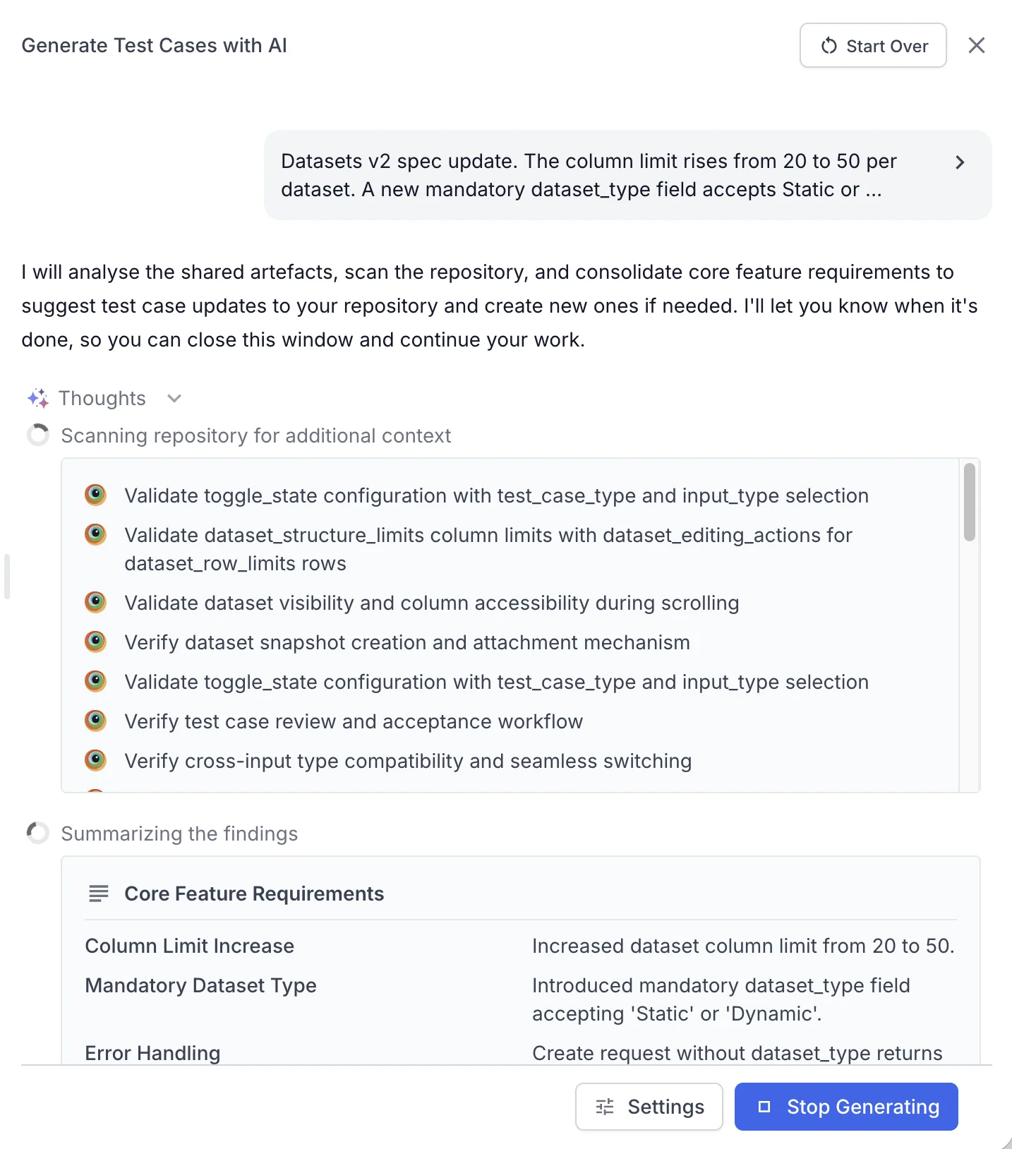 Agent run in progress, scanning the repository and summarizing the core feature requirements it found