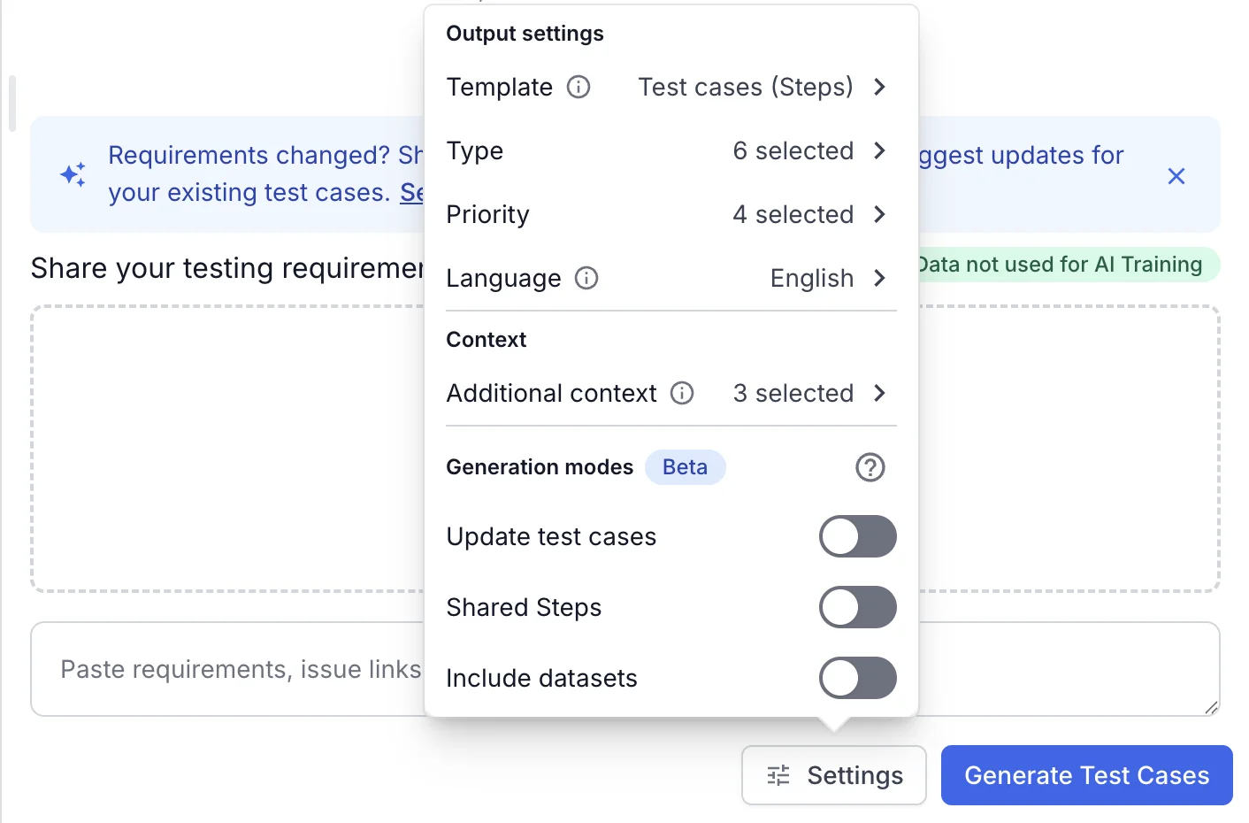 Output settings panel showing Template, Type, Priority, Language, Additional context, and the three Generation modes toggles