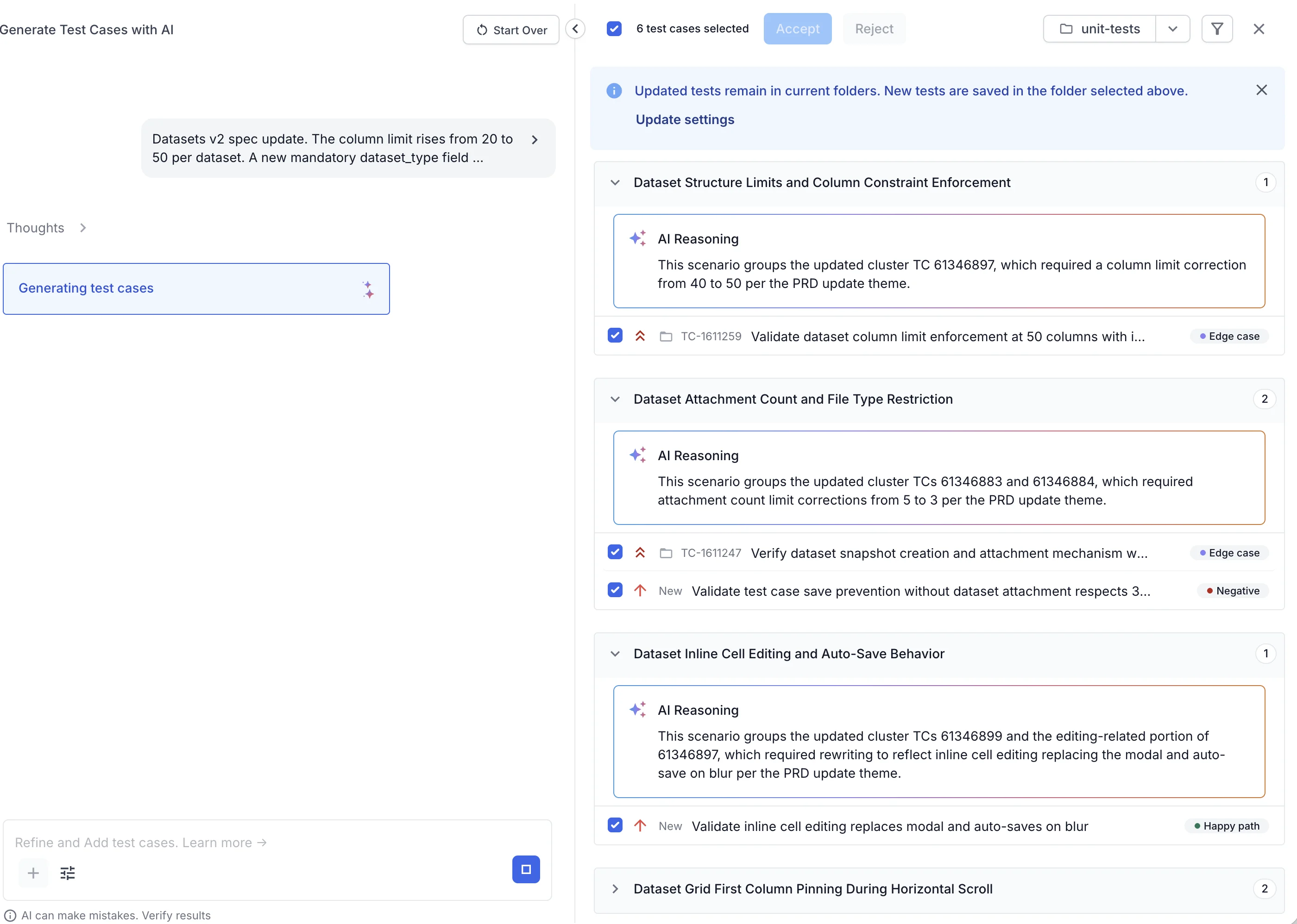 Suggested changes grouped by scenario, each with an AI Reasoning note and New badges on generated tests
