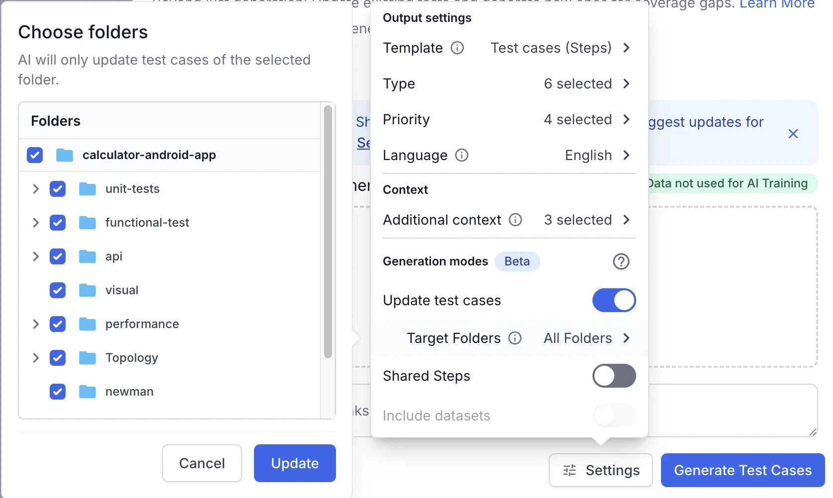 Choose folders dialog beside the Settings panel, with Update test cases on and Target Folders set to All Folders