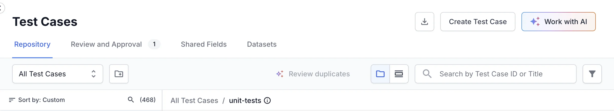 Work with AI button on the Test Cases page, next to Create Test Case