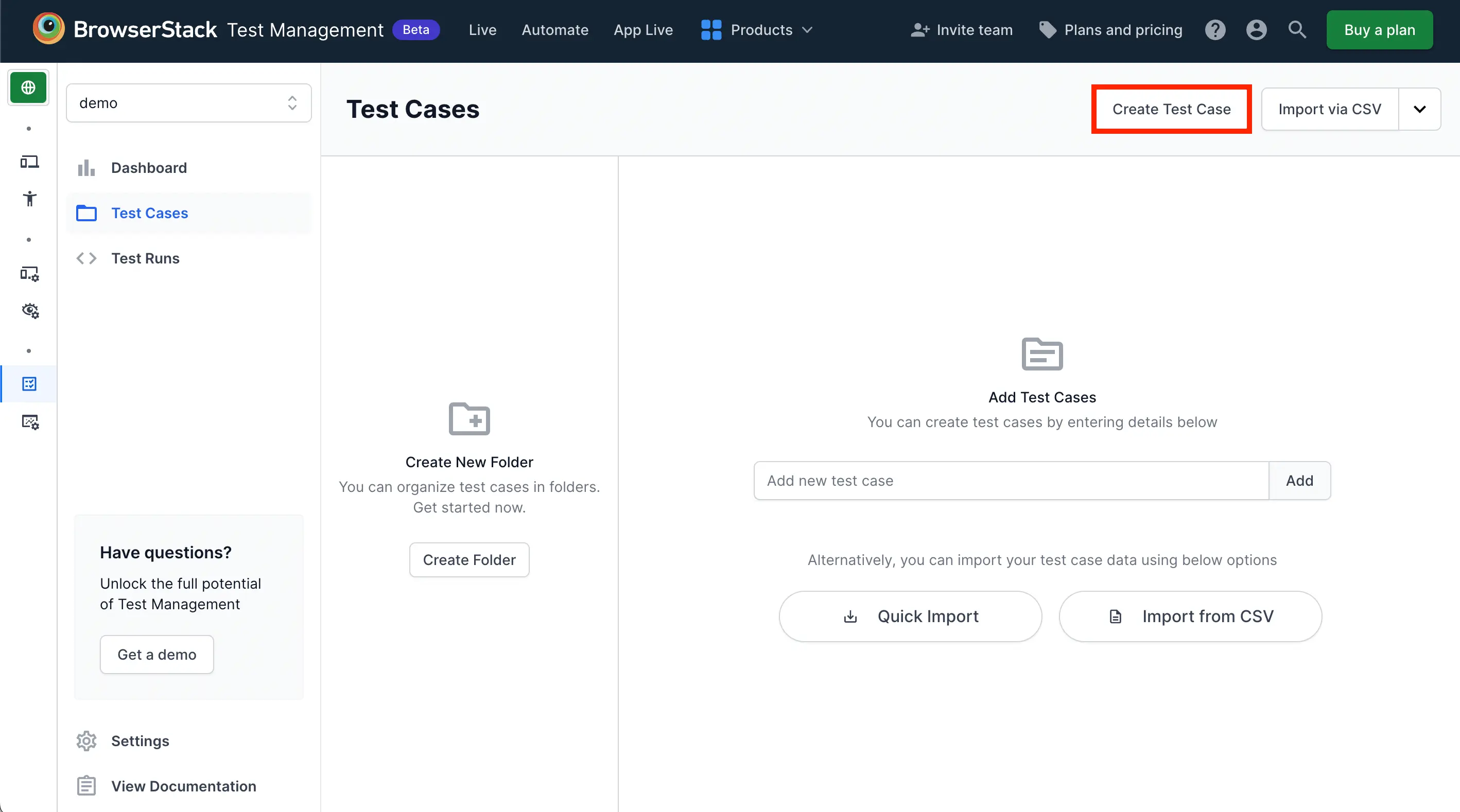 Create test case actions