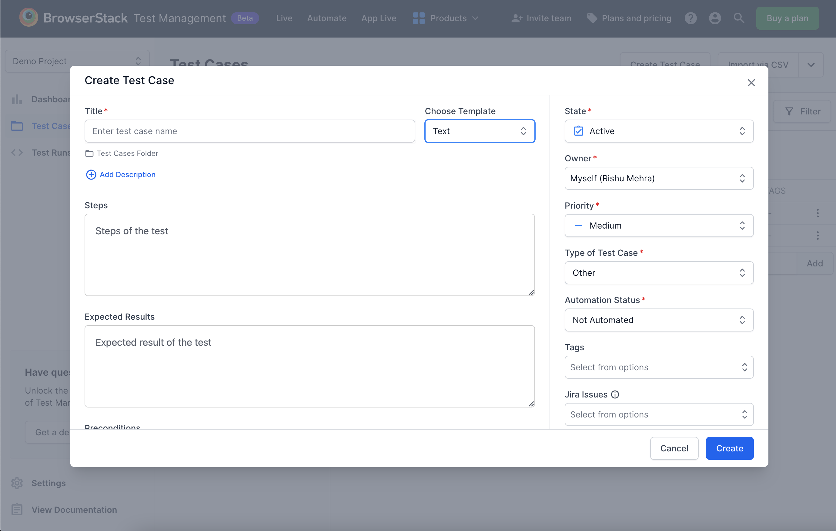 Form to create a test case