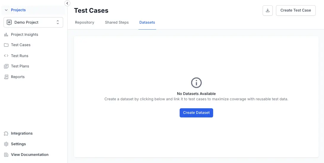 Click data set tab on the test case dashboard