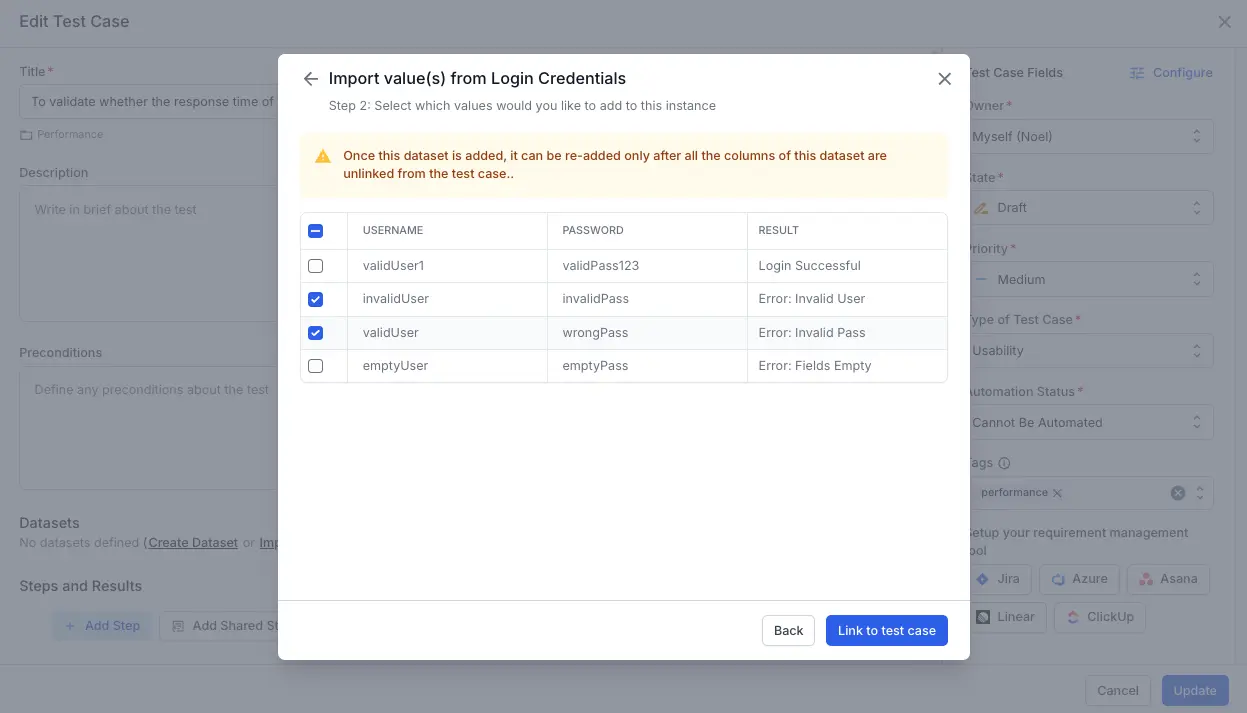 Select all, or, one or more rows whose values you want to import into the test case
