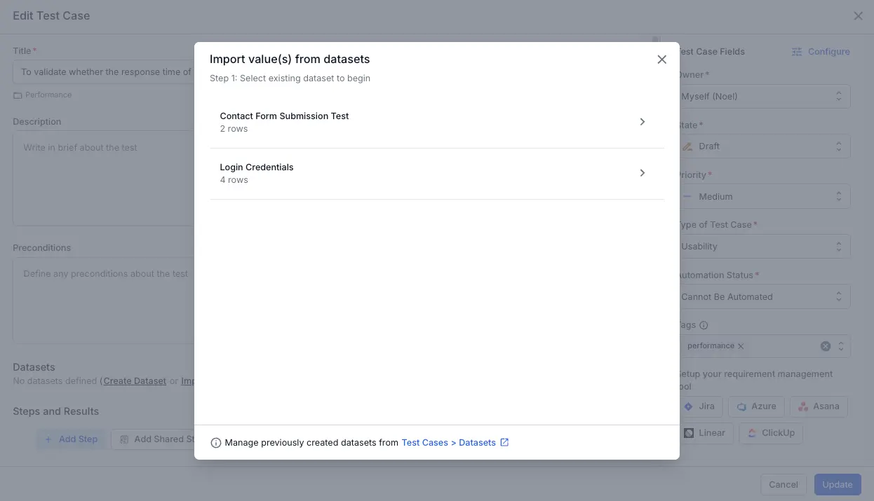 Select the dataset to import into the test case
