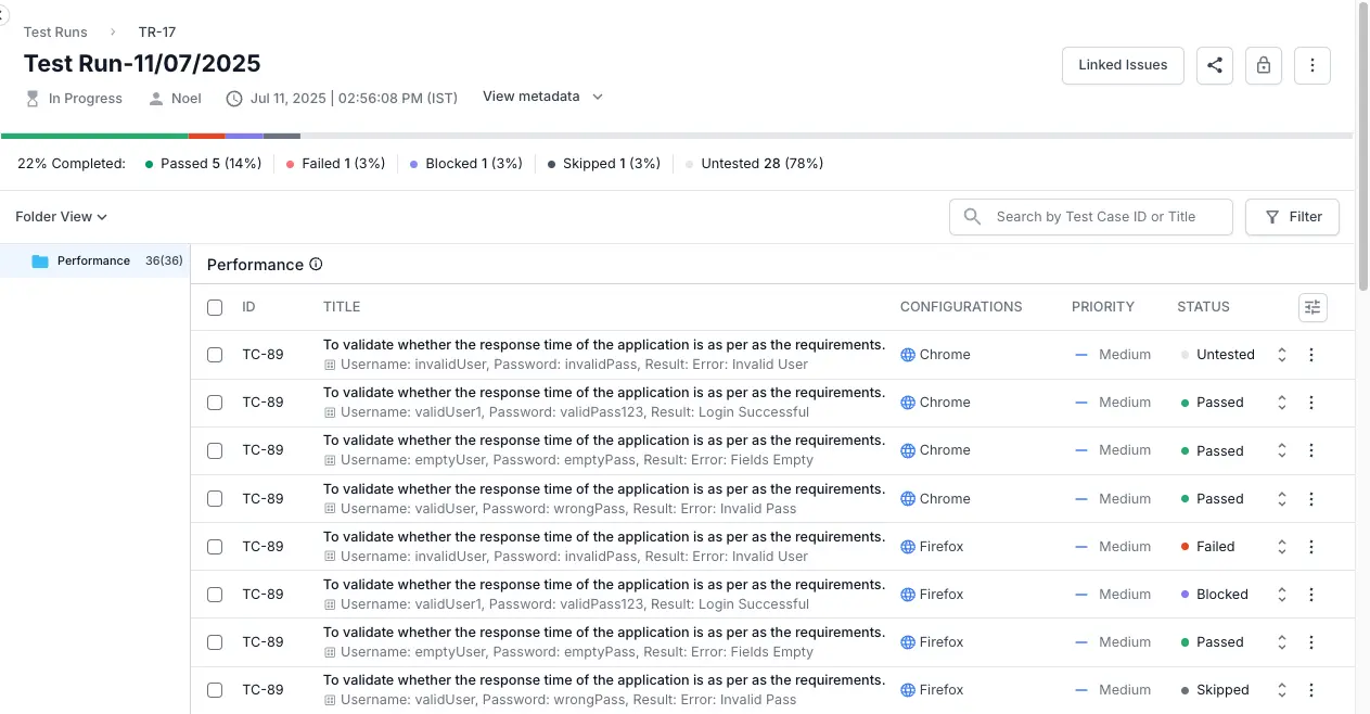Test run details page displays all associated test cases and datasets