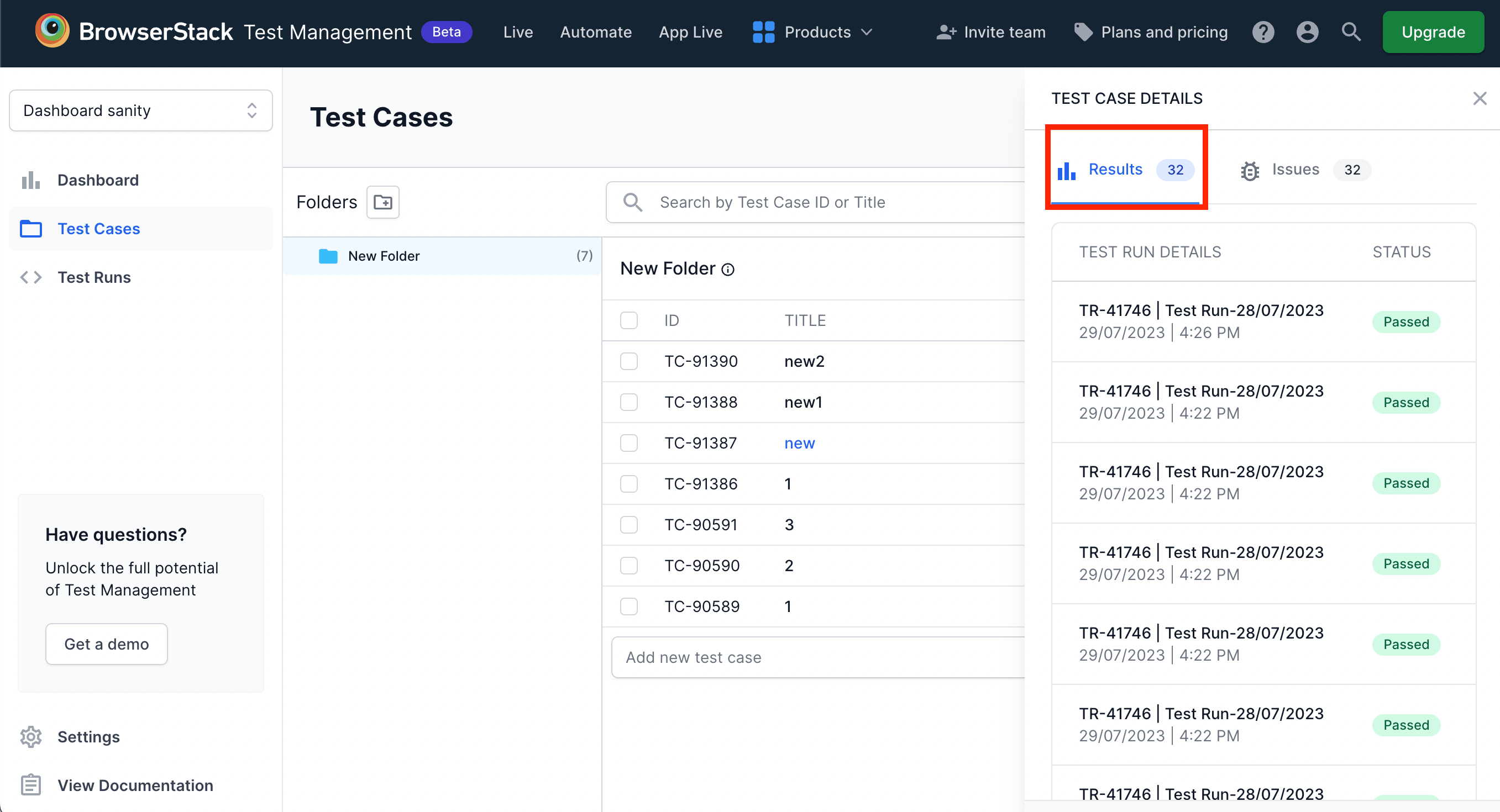 Results tab in the test case detail view