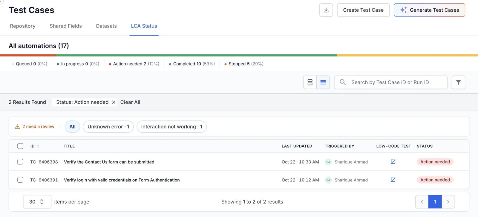 Test view filtered to Action needed, with a review bar that shows the All, Unknown error, and Interaction not working filters