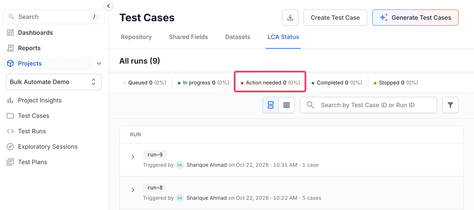Status tiles above the LCA Status table, with the Action needed tile highlighted
