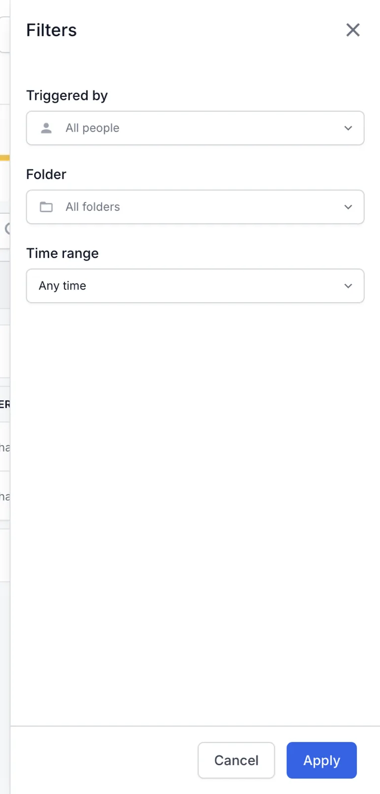 Filters panel of the LCA Status tab with the Triggered by, Folder, and Time range fields