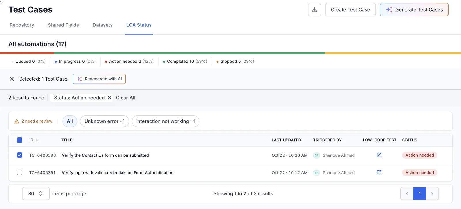 Regenerate with AI button in the action bar after selecting a test case in the LCA Status tab