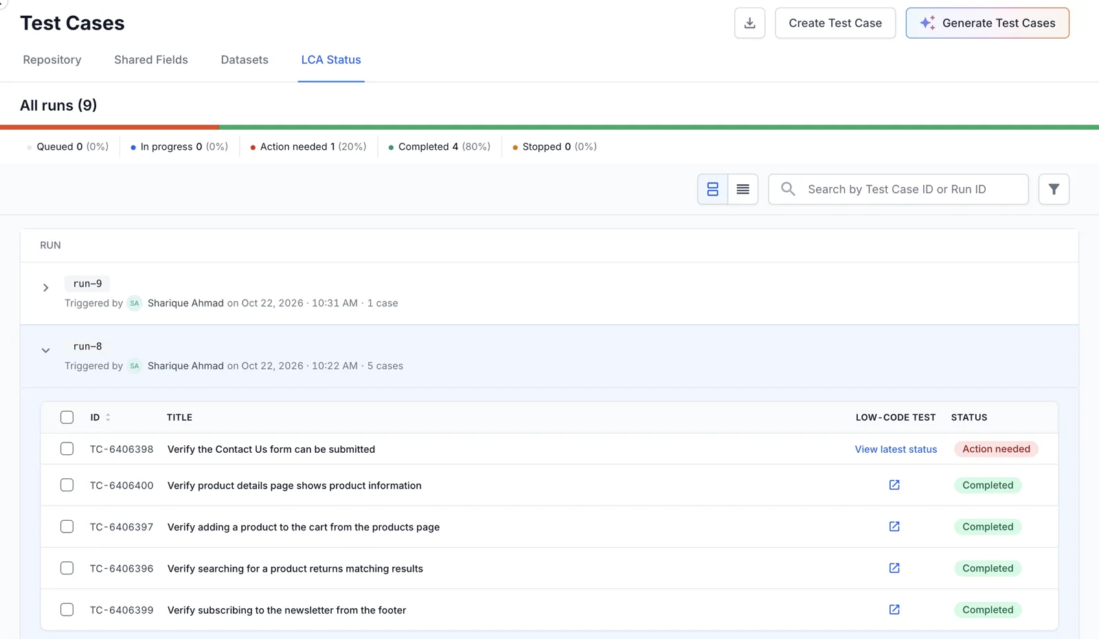 LCA Status tab in Run view, with status tiles, the view toggle, search, and an expanded run that lists five test cases