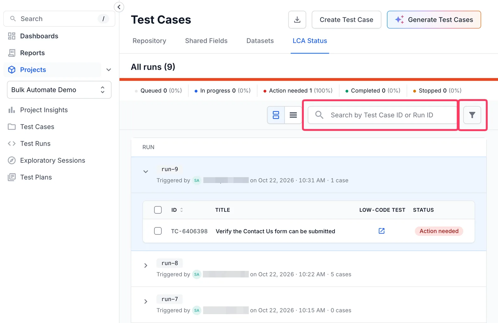 Search box and filter icon above the LCA Status table, both highlighted