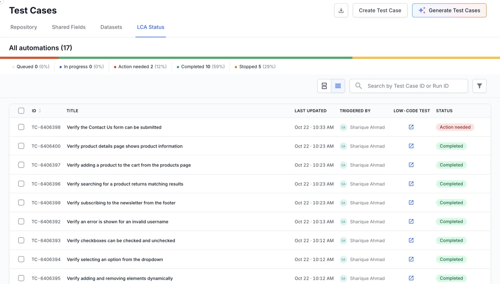 LCA Status tab in Test view, with one row per test case and the Last updated, Triggered by, Low-code test, and Status columns