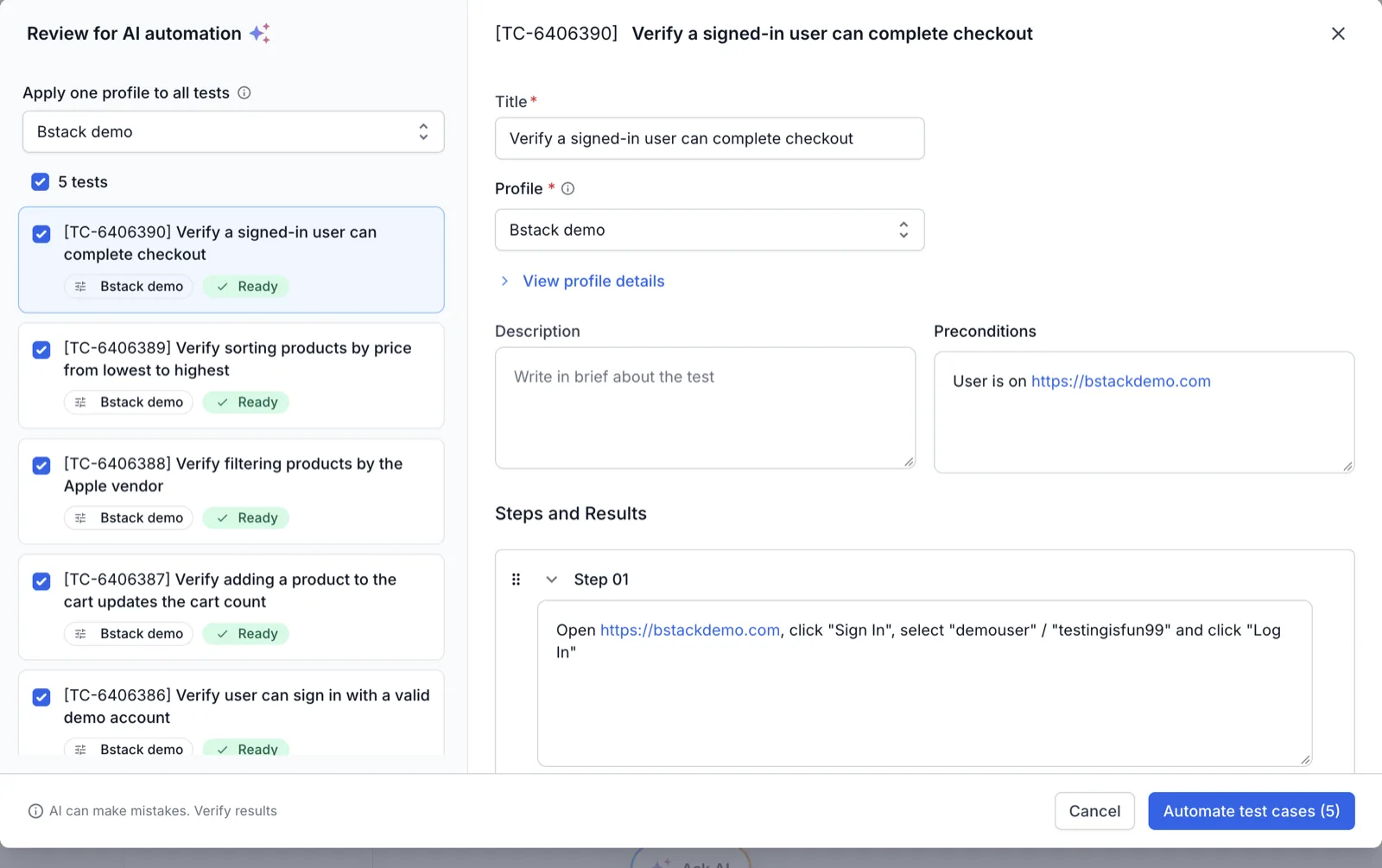 Review for AI automation dialog with five test cases marked Ready and one profile applied to all of them