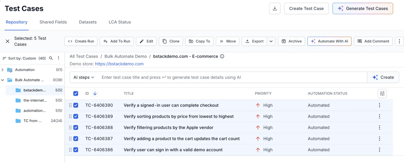 Five test cases selected in the Test Management Repository tab, with the Automate With AI button in the action bar